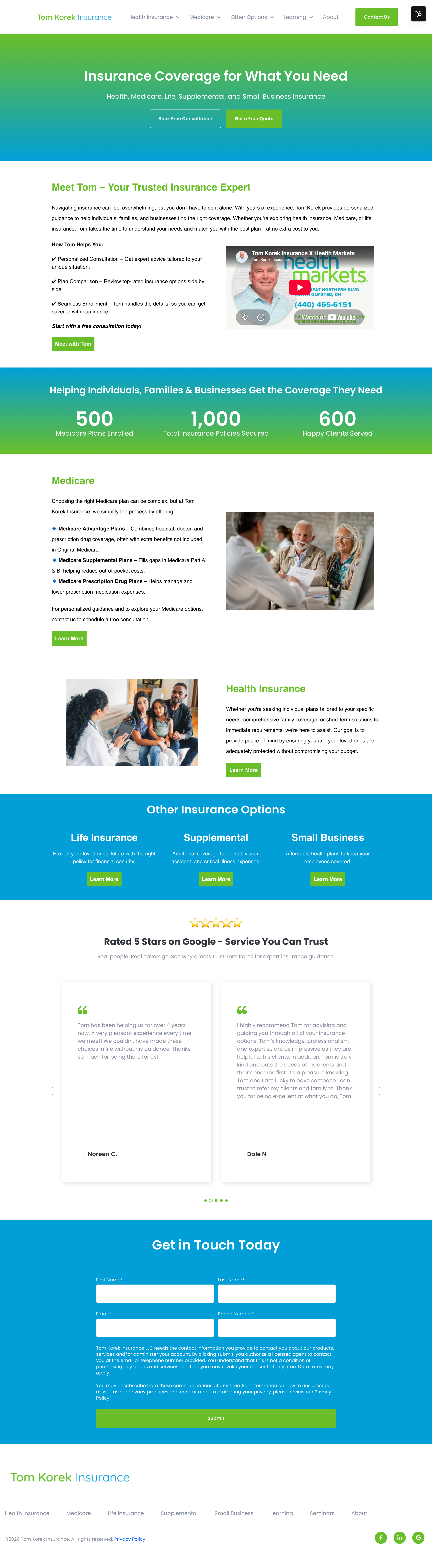 Tom Korek Insurance website desktop full-page screenshot